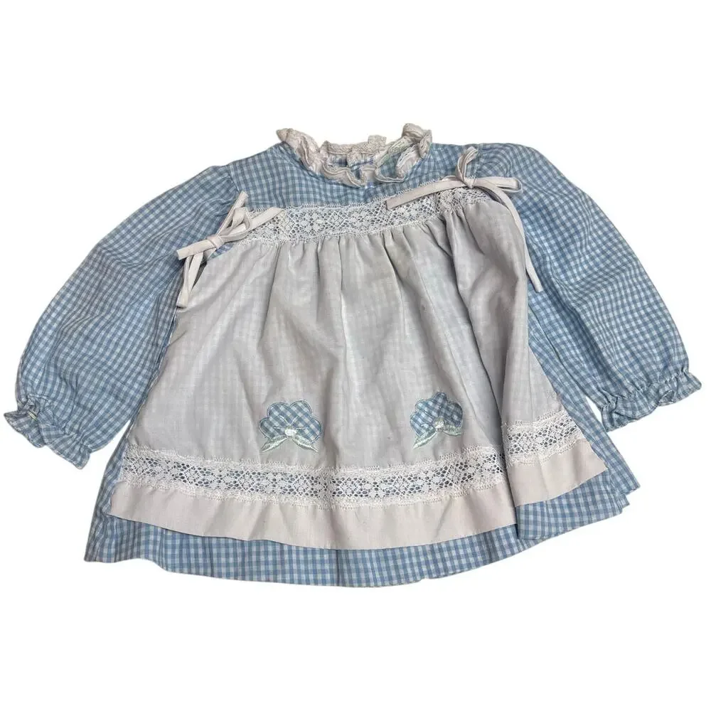 Vintage 80s Baby Girl Cottagecore Apron Dress Blue Romper Pink Lace‎ Prairie 12M